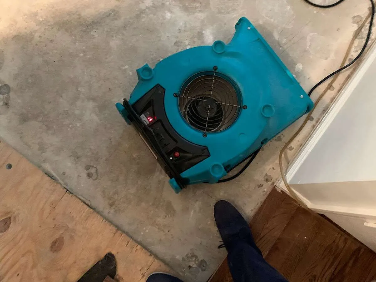 Air mover drying subfloor during Leak Detection & Repair in Richmond West